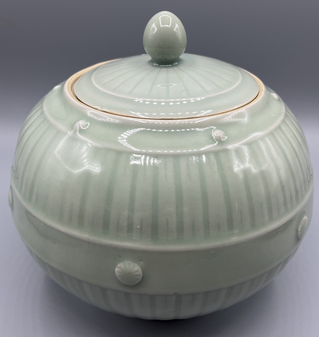 Antique Chinese Celadon Glazed Porcelain 7” Tall, 7.5” Diameter