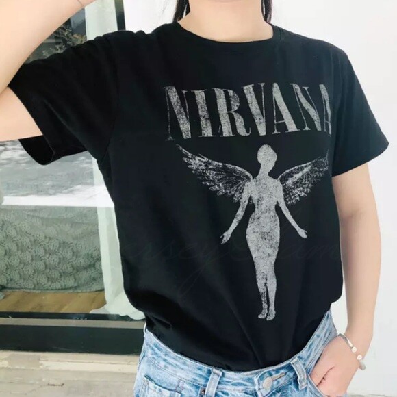 90's Black Nirvana Angel Tour Concert Band Graphic Vintage Tee T