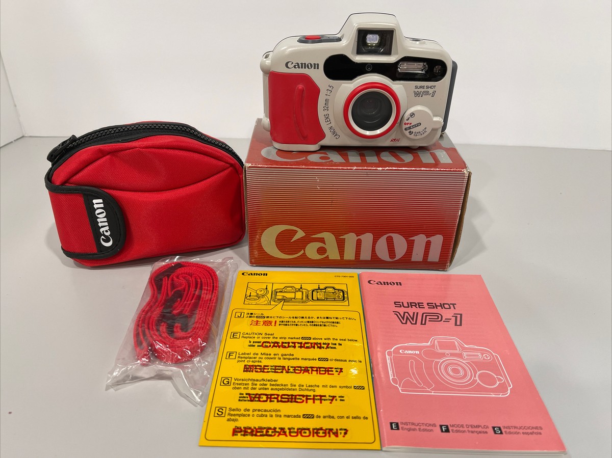 Canon Sure Shot WP-1 35mm Film Camera w/ Strap, Case, Box, Open