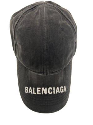 BALENCIAGA Logo Gray Baseball Cap Hat Black Adjustable Size L Used