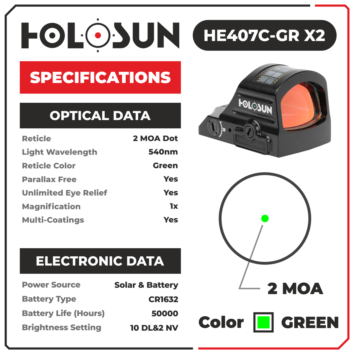 Holosun HE407C-GR X2 2 MOA Green Dot Sight | eBay
