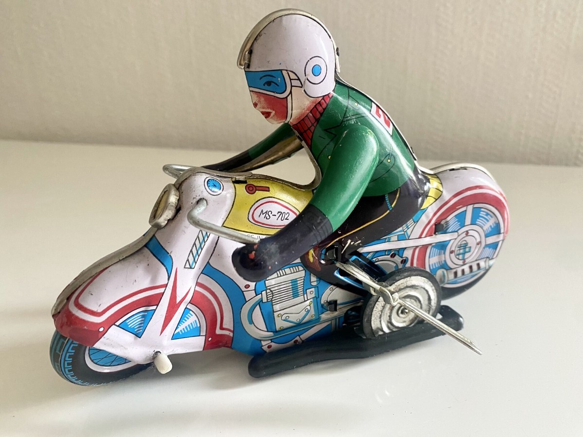 Vintage Motorcycle Tin Litho Wind-Up Toy China 70s Working