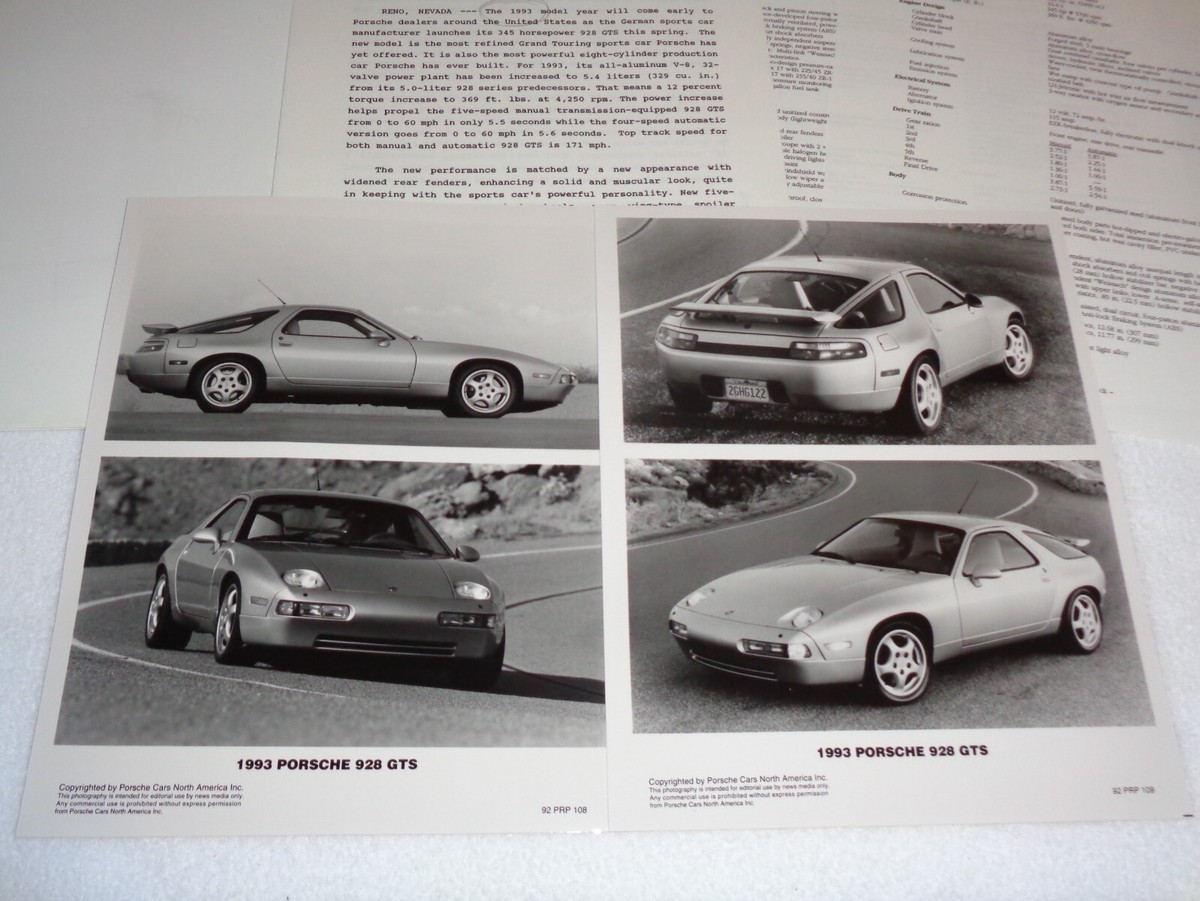 1993 Porsche 928 GTS Rare Packet Press Release Photos & Original