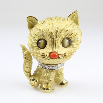 Tiffany & Co 18k Yellow Gold Diamond Cat Coral Cat's Eye
