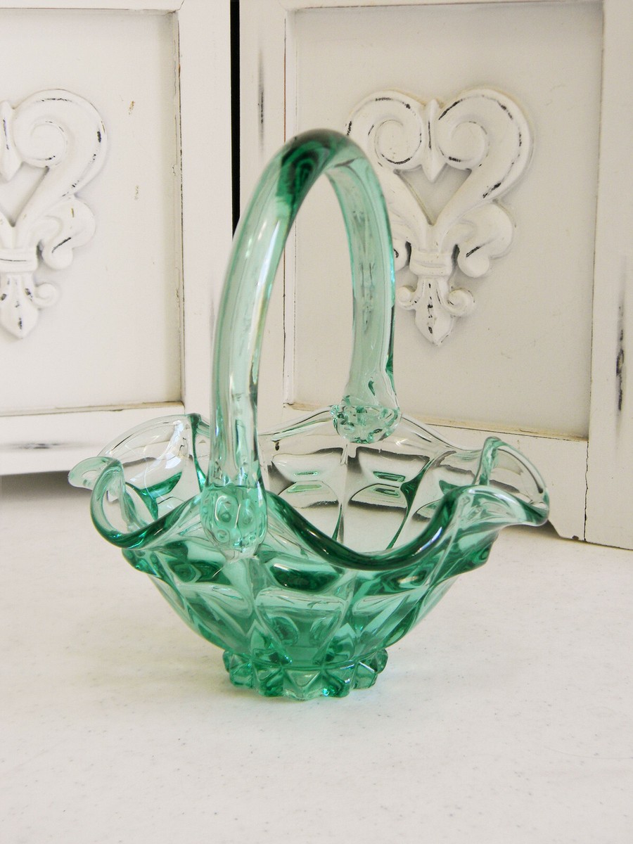 Lovely Vintage FENTON GREEN ART GLASS BASKET~Signed | eBay
