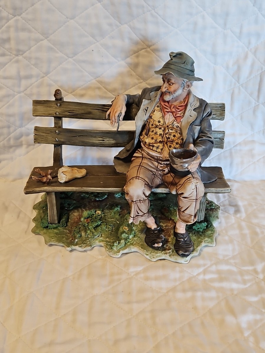 Capodimonte Porcelain Figurine Tramp on Bench Feeding Birds Large