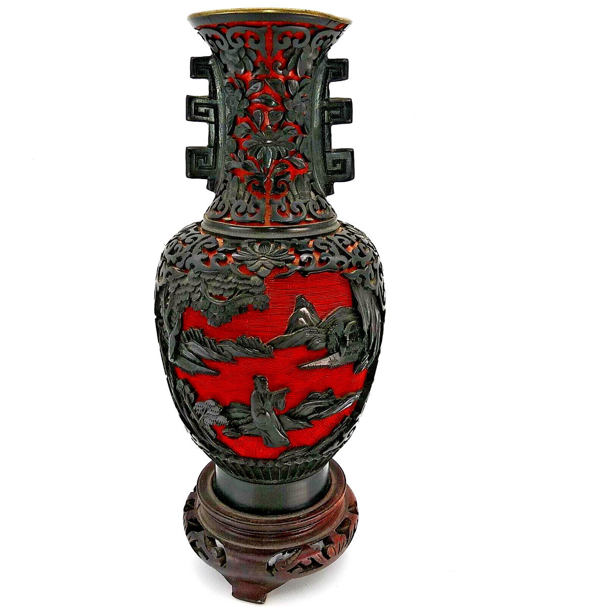 中国美術 古玩 堆朱 堆黒 漆彫花瓶 龍紋樣花瓶 台座付き 【公式通販】