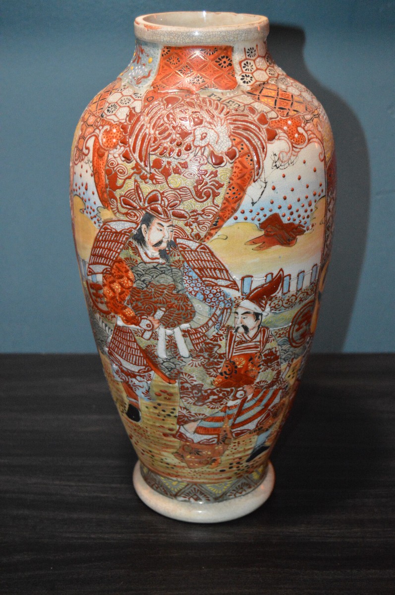 薩摩焼 色絵 金蘭手 武士美人図 花瓶 壺 飾壷 36cm v49 【公式通販】