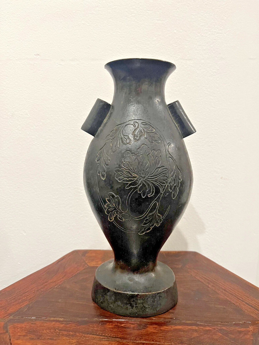 松華堂古銅青銅杵型饕餮文花瓶花器共箱N6389