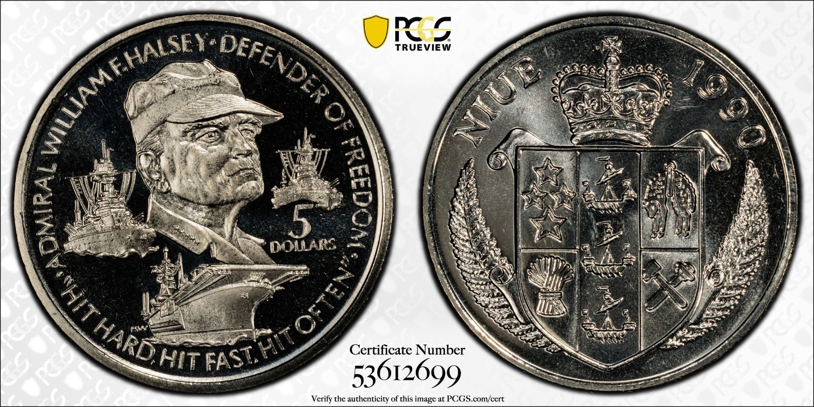 1990 Niue Admiral William F. Halsey $5 Dollars Copper-Nickel Coin