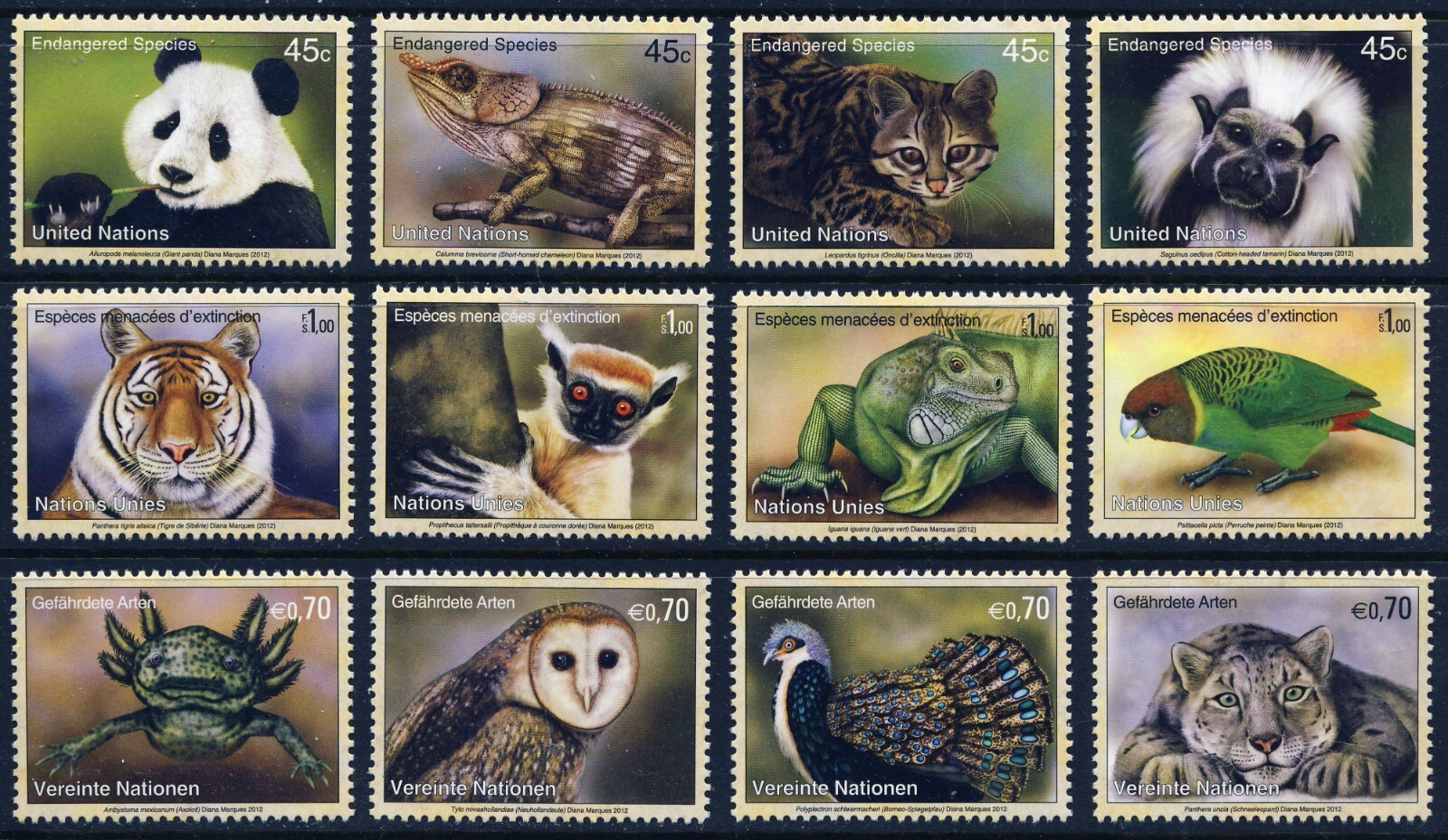 2011 外国切手 国連 絶滅危惧種動物 田型4連刷 3組 未使用