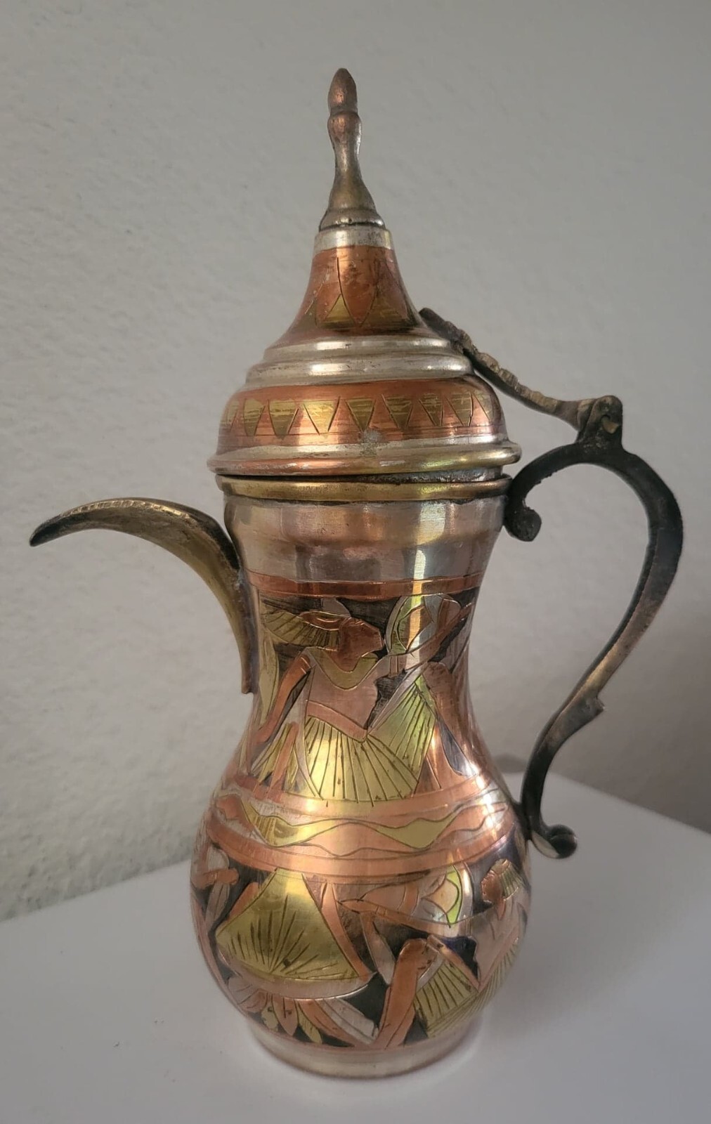 Vintage Egyptian Brass Ewer with Copper & Silver Inlay – Pharaonic