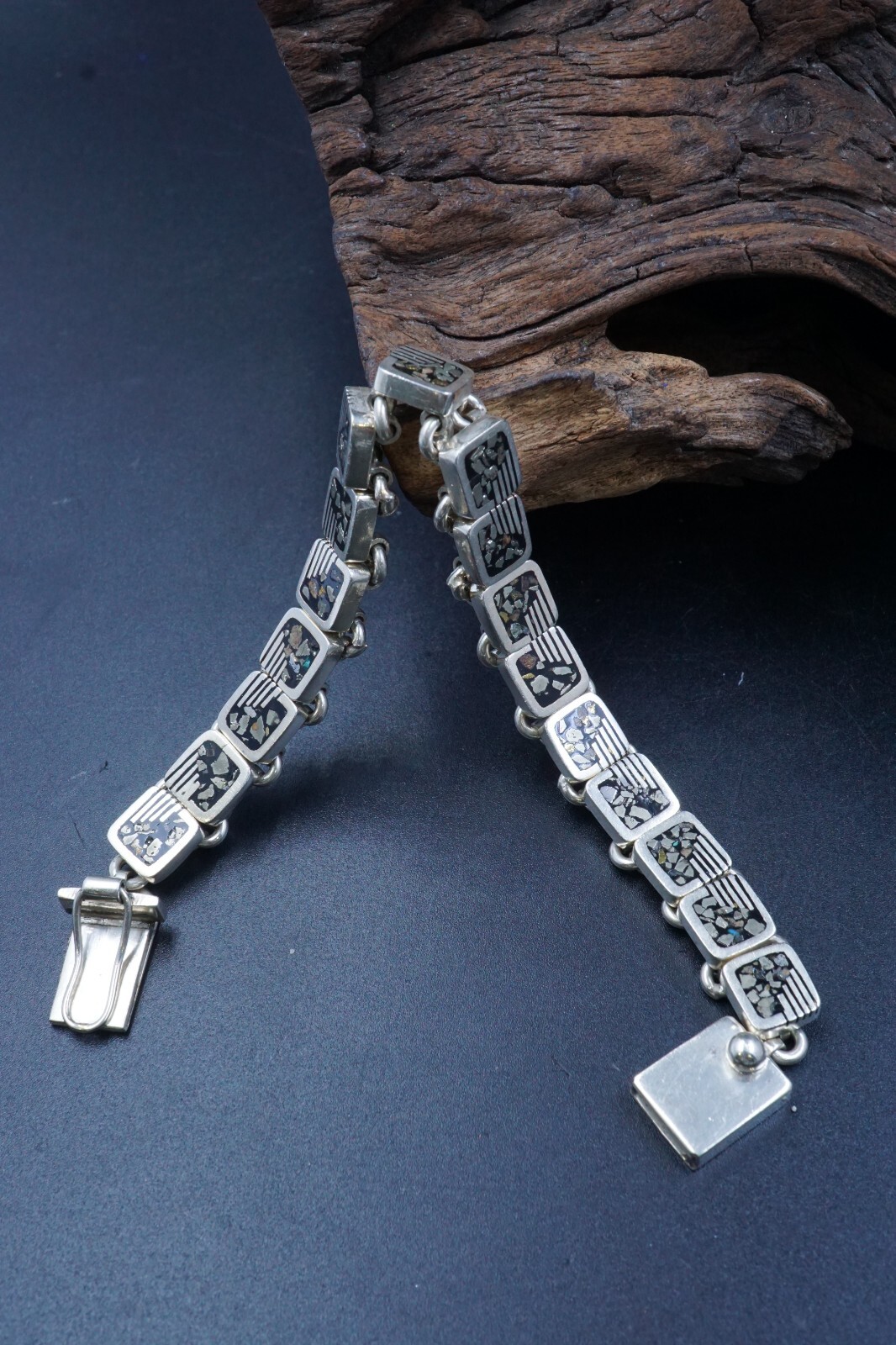 Vintage TAXCO-98 MEXICO .950 STERLING SILVER Pyrite Inlay Bracelet