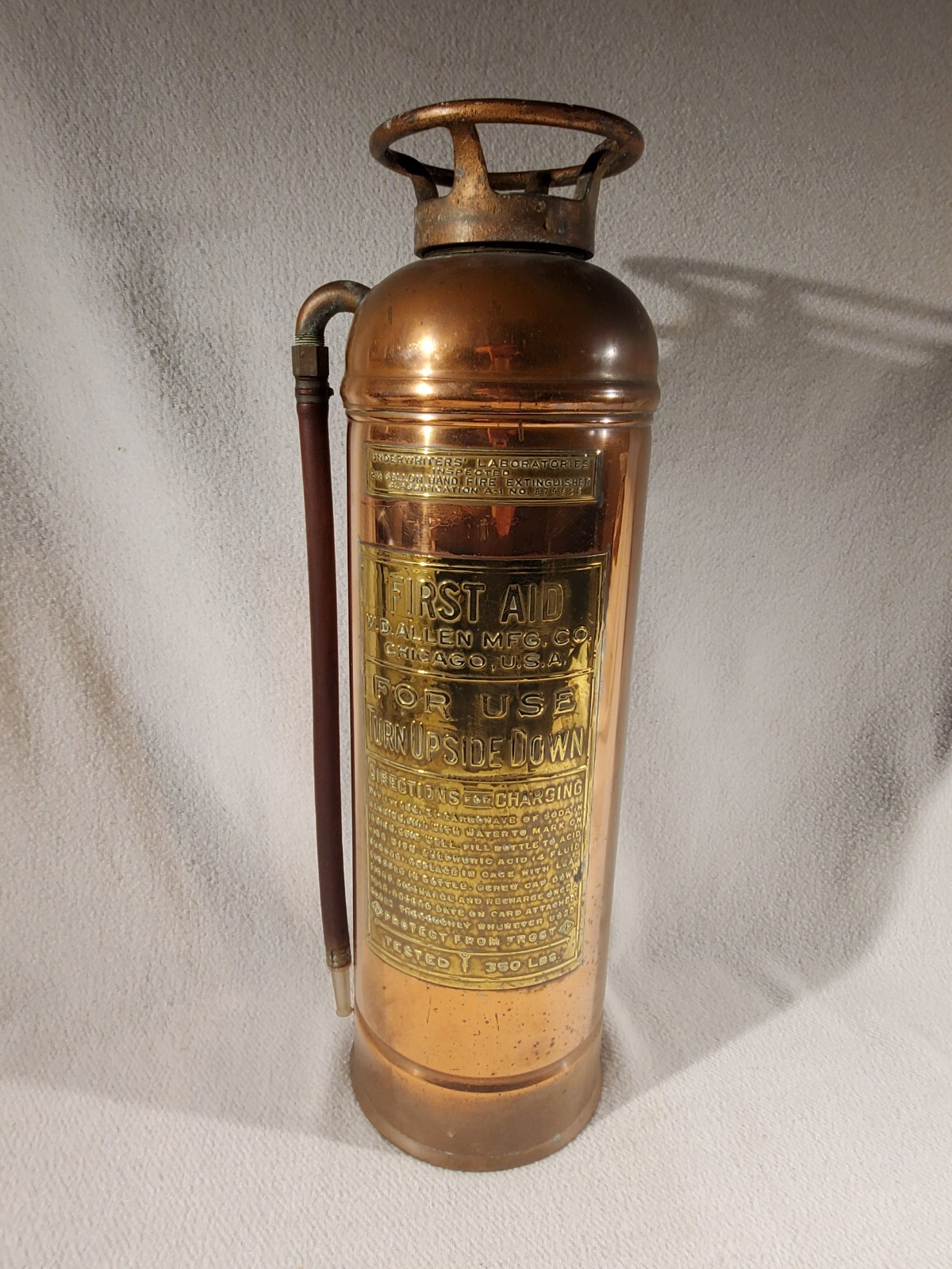 Vtg First Aid Copper Brass Fire Extinguisher 2 1/2 Gallon W.D.
