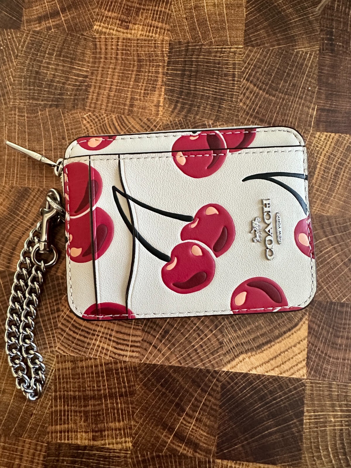 Coach Zip Card Case - CZ761 Chalk Smooth Leather w/Red Pink Cherry