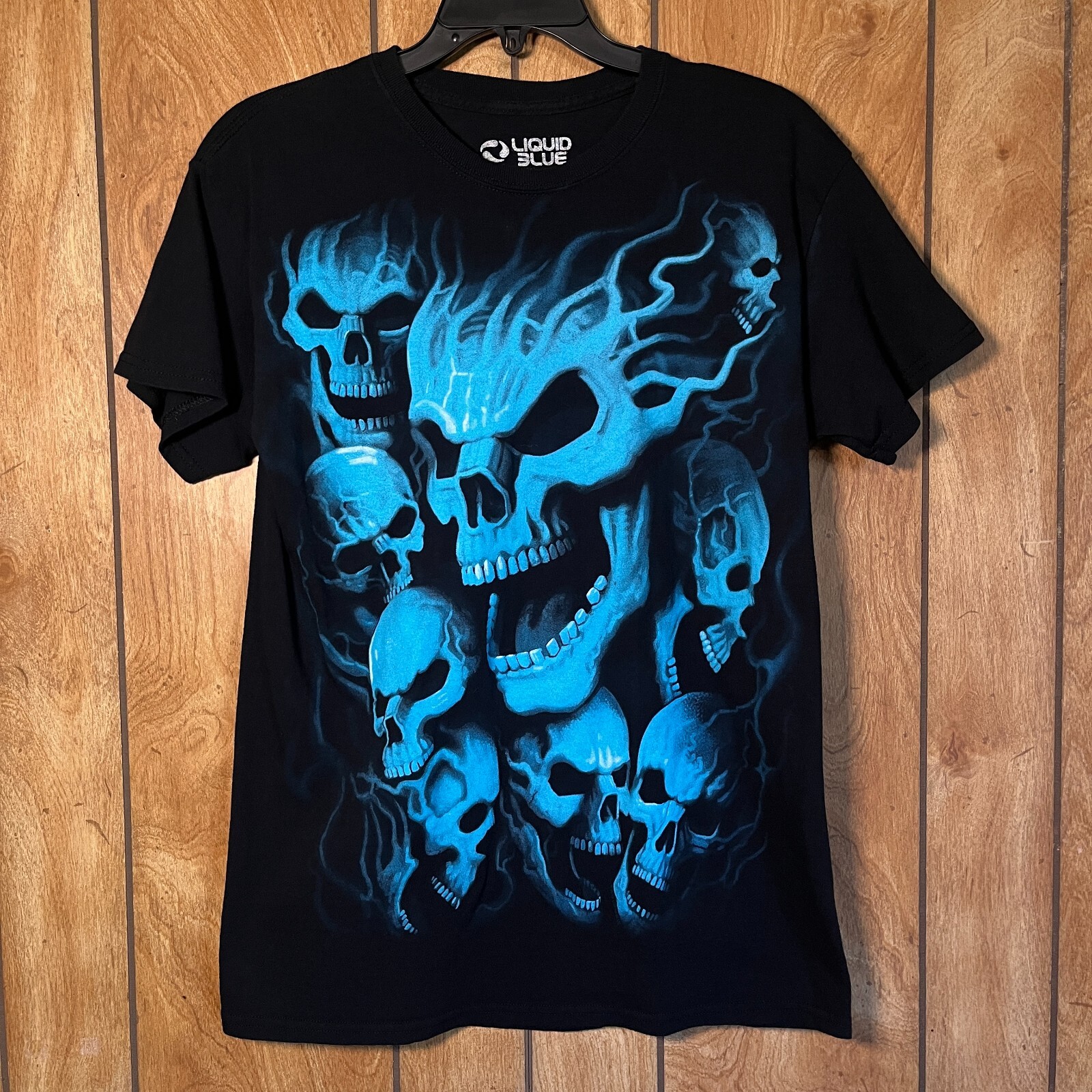 Liquid Blue - Flaming Blue Skullpile Black Graphic T-Shirt, Size