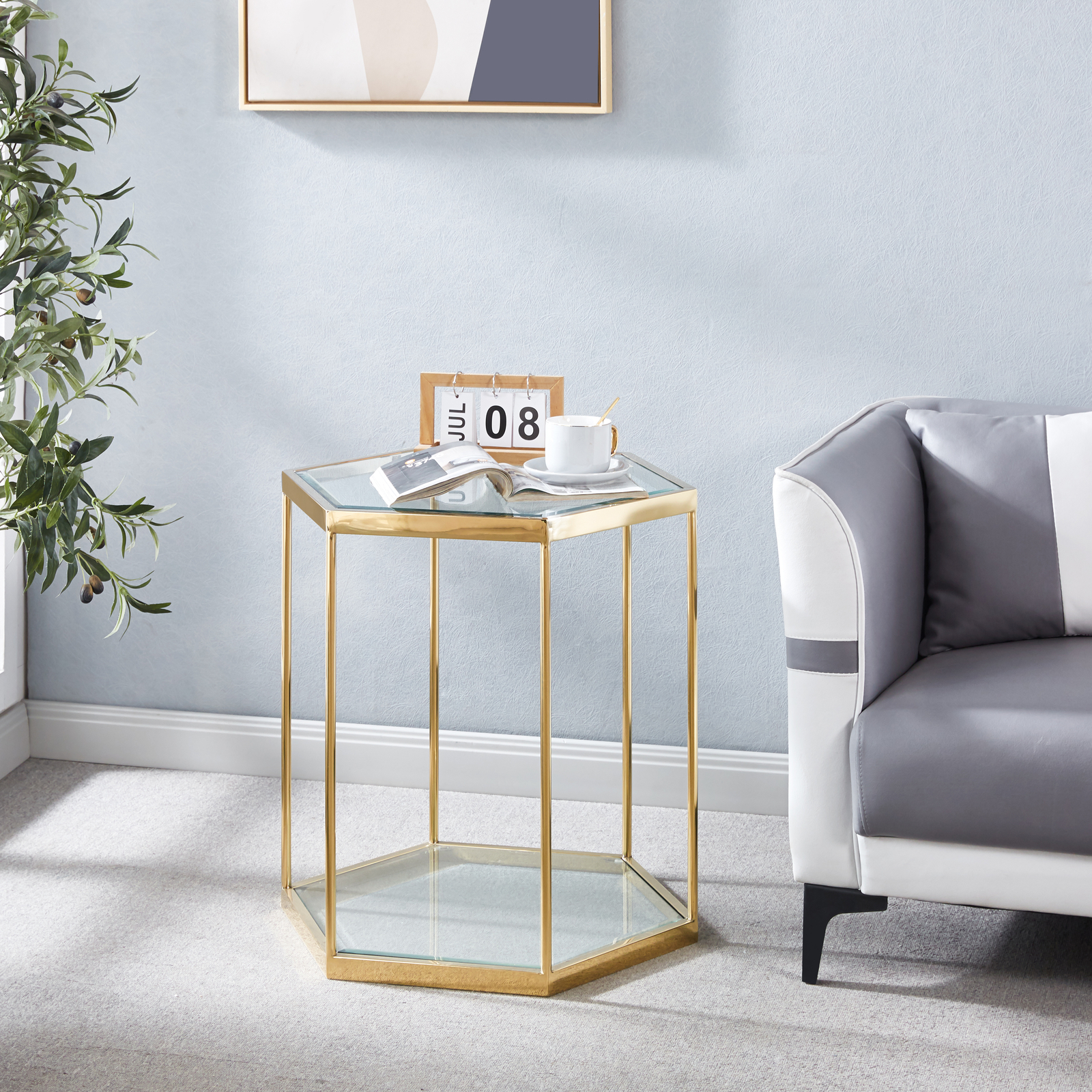 Modern Hexagonal End Side Table Tempered Glass Top W/ Gold
