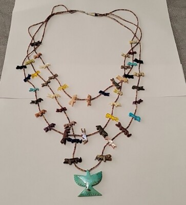 ビンテージ 3ストランド ズニ フェティッシュ ネックレス 彫刻入り