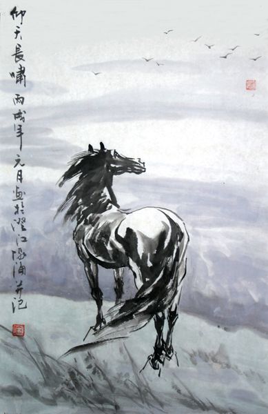 中国骨董 水墨画 中国の馬の絹の絵馬の芸術の絵絹の芸術の絵8頭の馬の