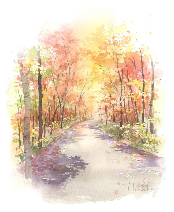 水彩画・風景画・紅葉'長野県のある秋の風景 水彩画・風景画・紅葉