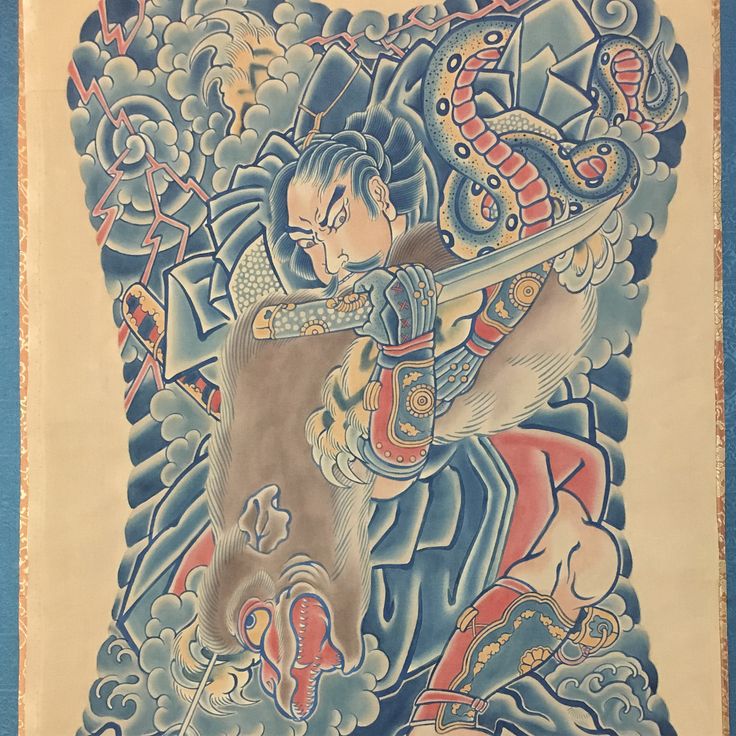 作者不詳 唐物 男 人物画 刺青 入れ墨 和彫り 絹本 肉筆 まくり 和