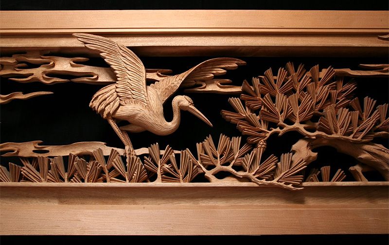 鶴と松 木彫 鶴と松木彫