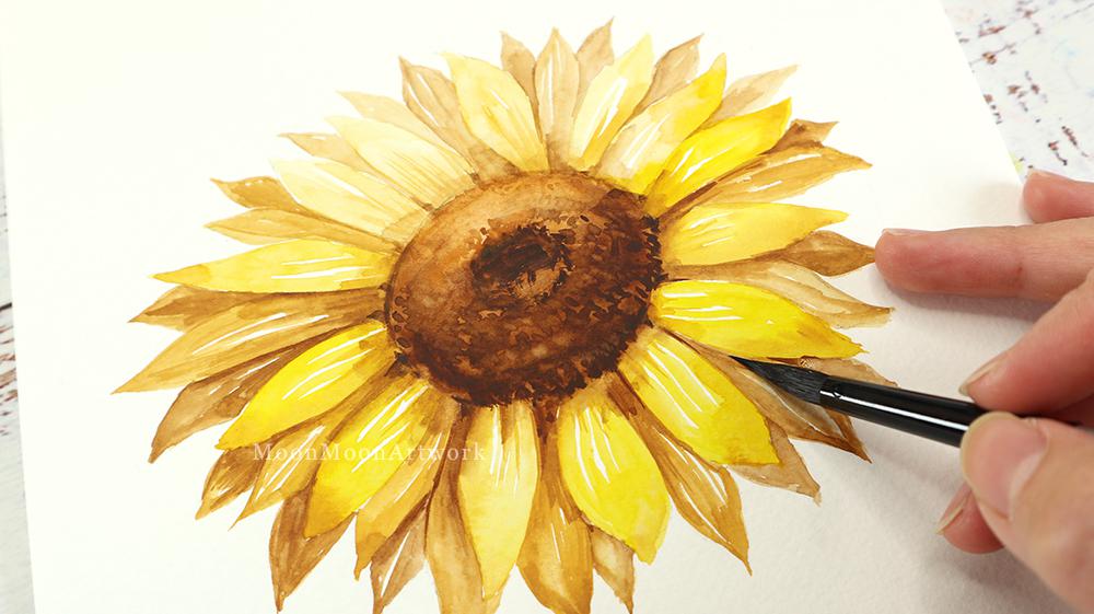 水彩画初心者 - ひまわり。やり方は私のビデオを見てね！コメントに