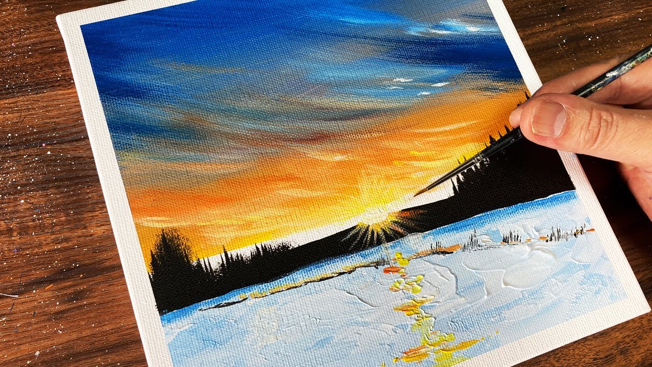 Snow and sunset scenery | Acrylic painting for beginners | Step by