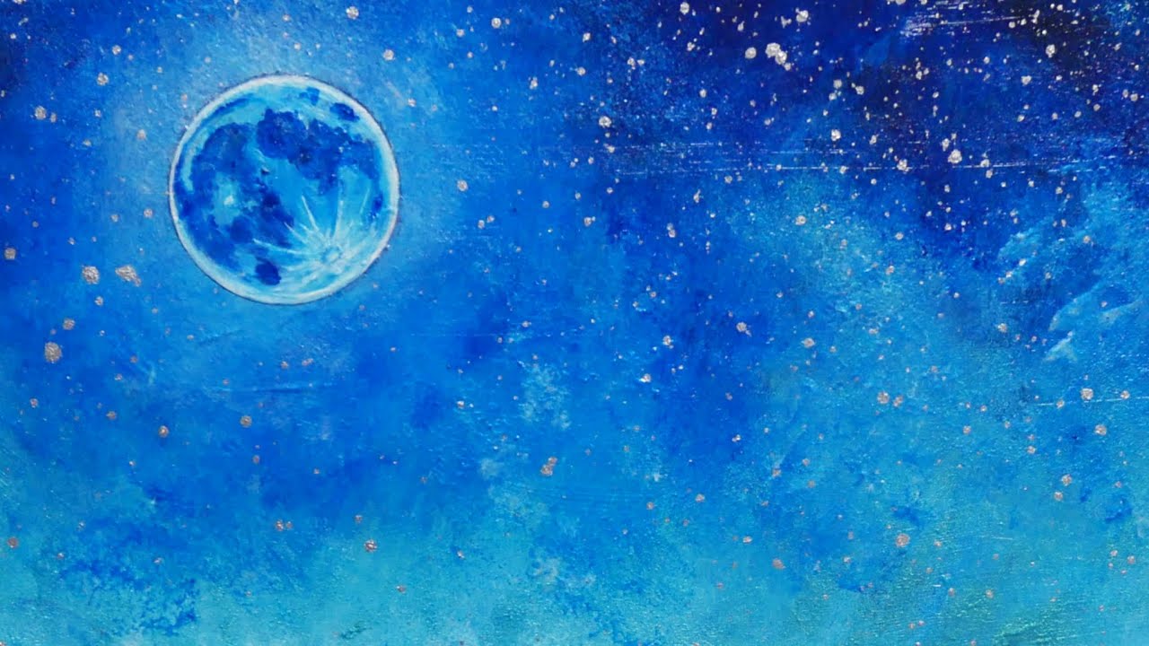 油絵】【ネモフィラと青い満月と星空 】#油絵 #手書き #アート #絵画