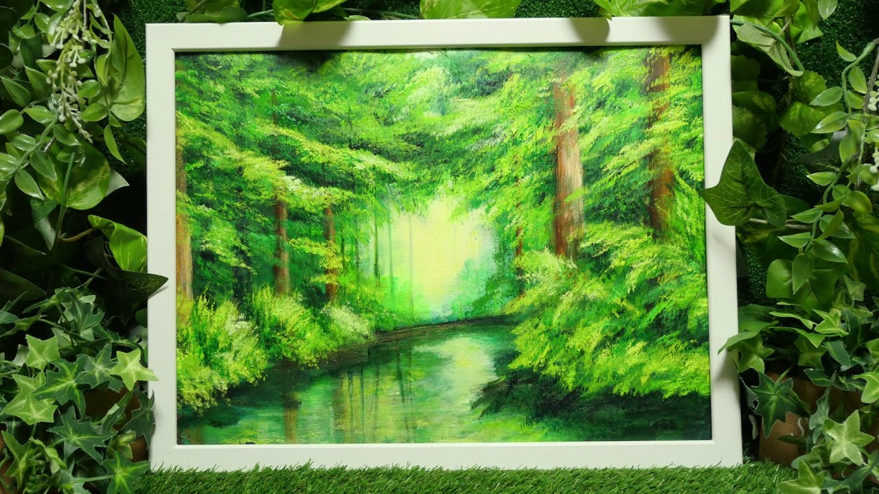 真作】絵画 油彩12号 深緑の森とせせらぎ 自然美のアート 森林風景