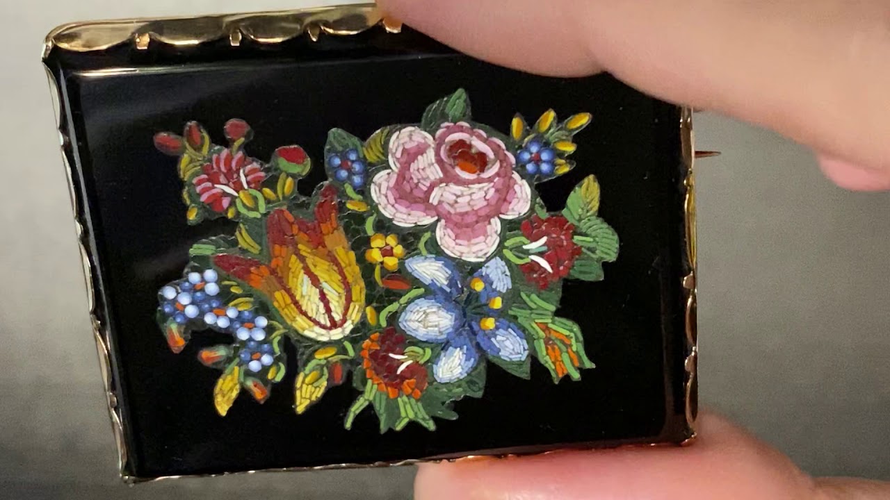 アンテークジュエリー ローマンモザイク ブローチ ケース付 アンテーク