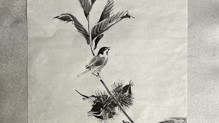 水墨画 鳥と木の根元 Sumi-e: A small bird perching on a chestnut