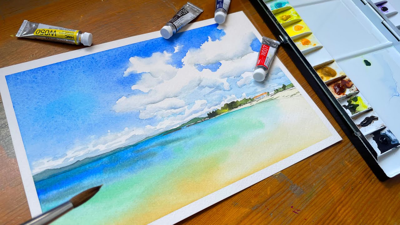 水彩画】海の描き方全プロセス【初心者も安心】夏休みの宿題にも！ 絵画