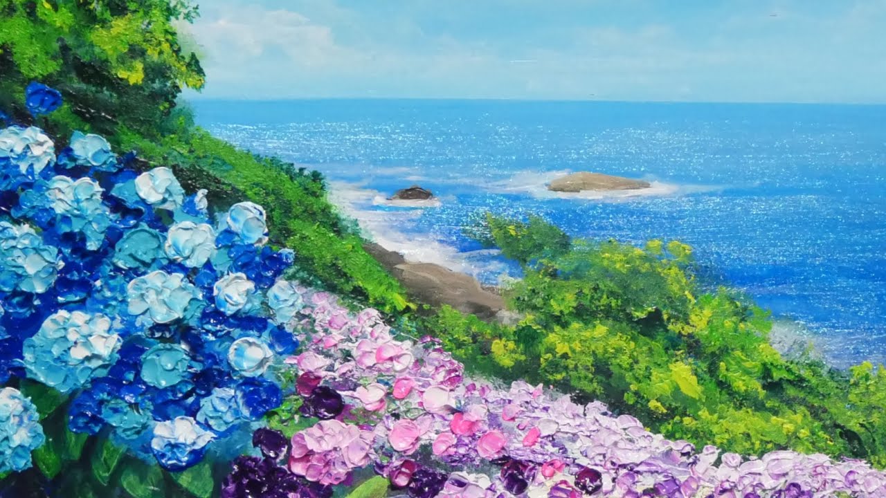 油絵 油彩 油彩画 絵画 絵【海と空と桃源郷岬の紫陽花】 綺麗 油絵