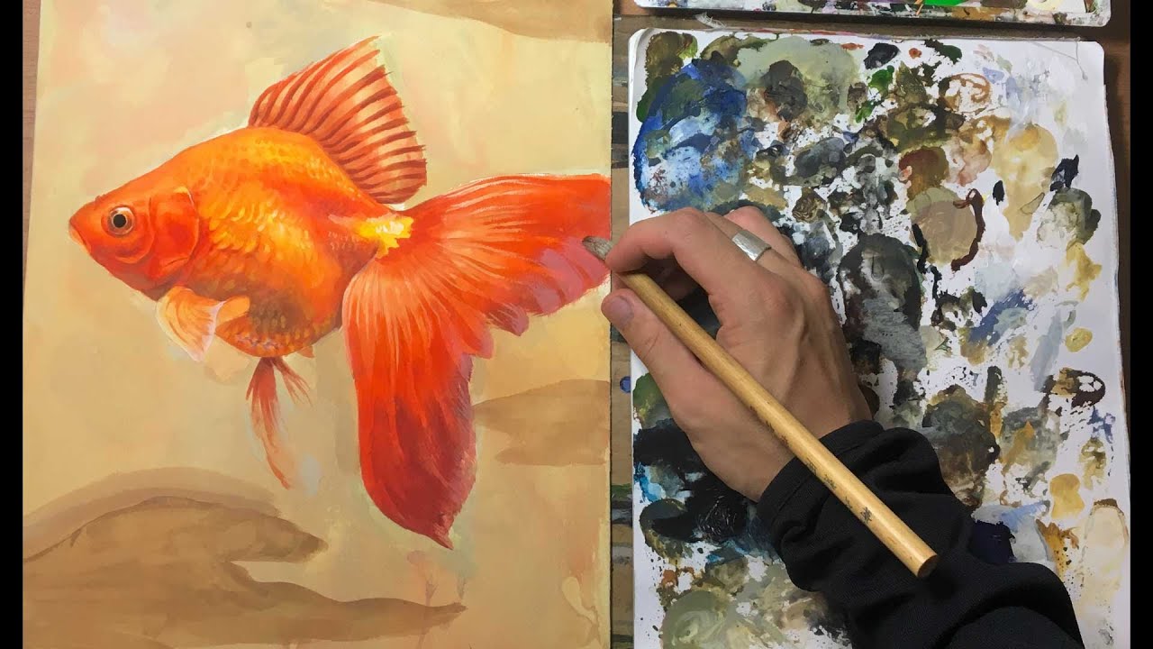 原画 金魚 動物画 絵画 アクリル画 現代アート 細密画 手描き 一点物