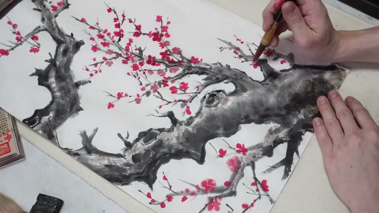 水墨画 ボタンと梅の寺の風景の絵