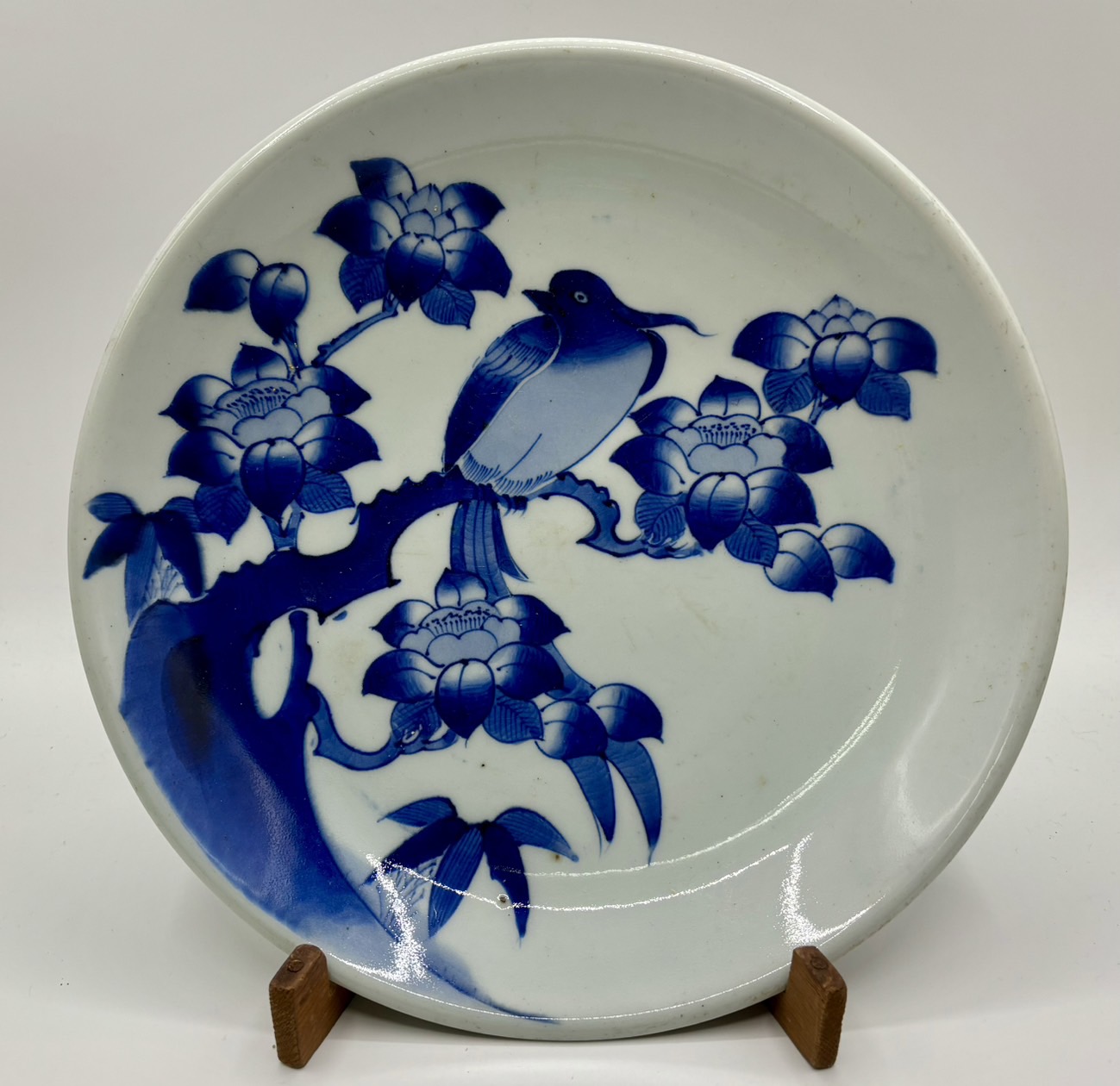 後期伊万里 志田窯大皿 染付椿に鳥文皿 - 古美術 美養
