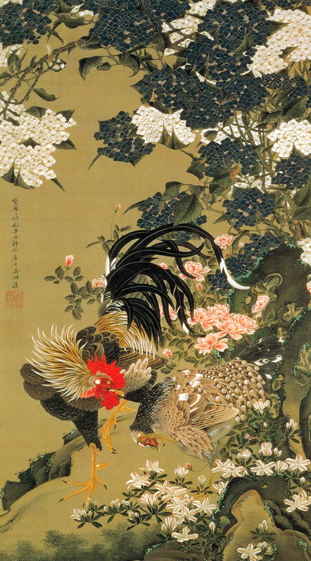 動植綵絵 06 紫陽花双鶏図 Ajisai Sokei-zu(Hydrangeas and Pair of