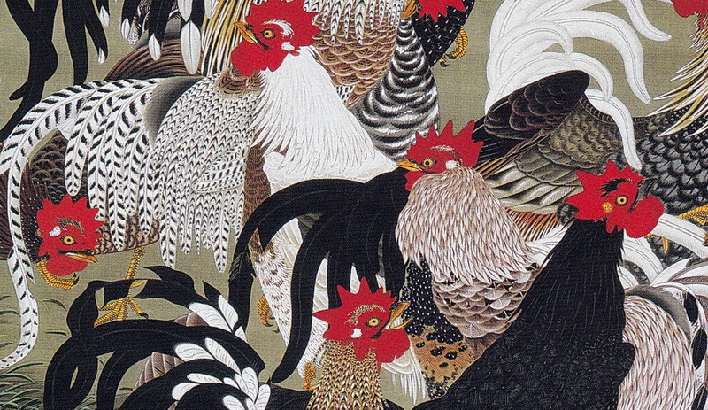 掛軸 弓家恒畝（ゆやこうほ）肉筆 群鶏図 自筆共箱 軸先は鹿角 掛軸 弓