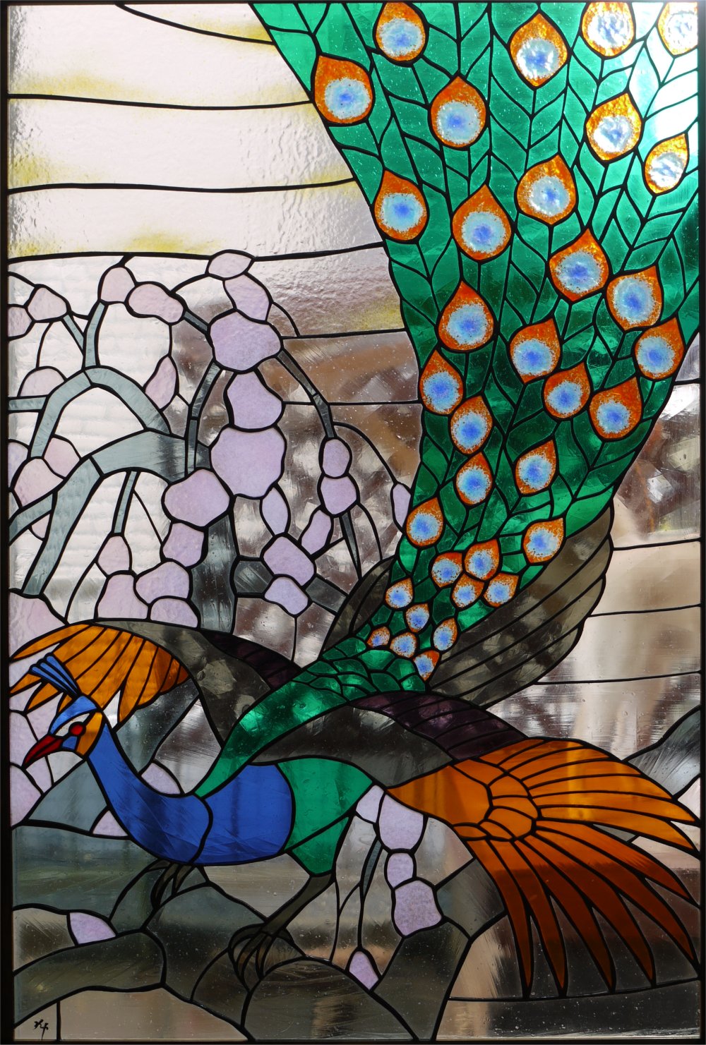ステンドグラス 孔雀と花のデザイン 約30cm x 40cm 【公式通販】