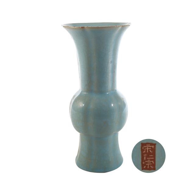 中国古美術・宋汝窯・天青釉双耳四方花觚・青磁・唐