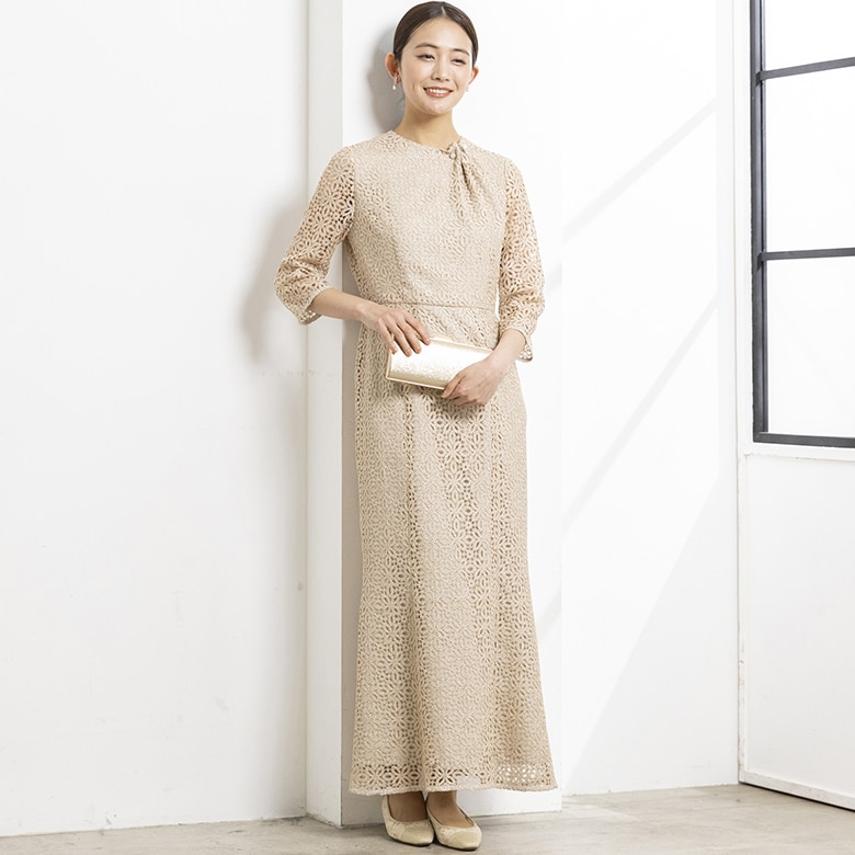 CLANE 花柄刺繍 ロングドレス ベージュ CLANE 花柄刺繍 ロングドレス