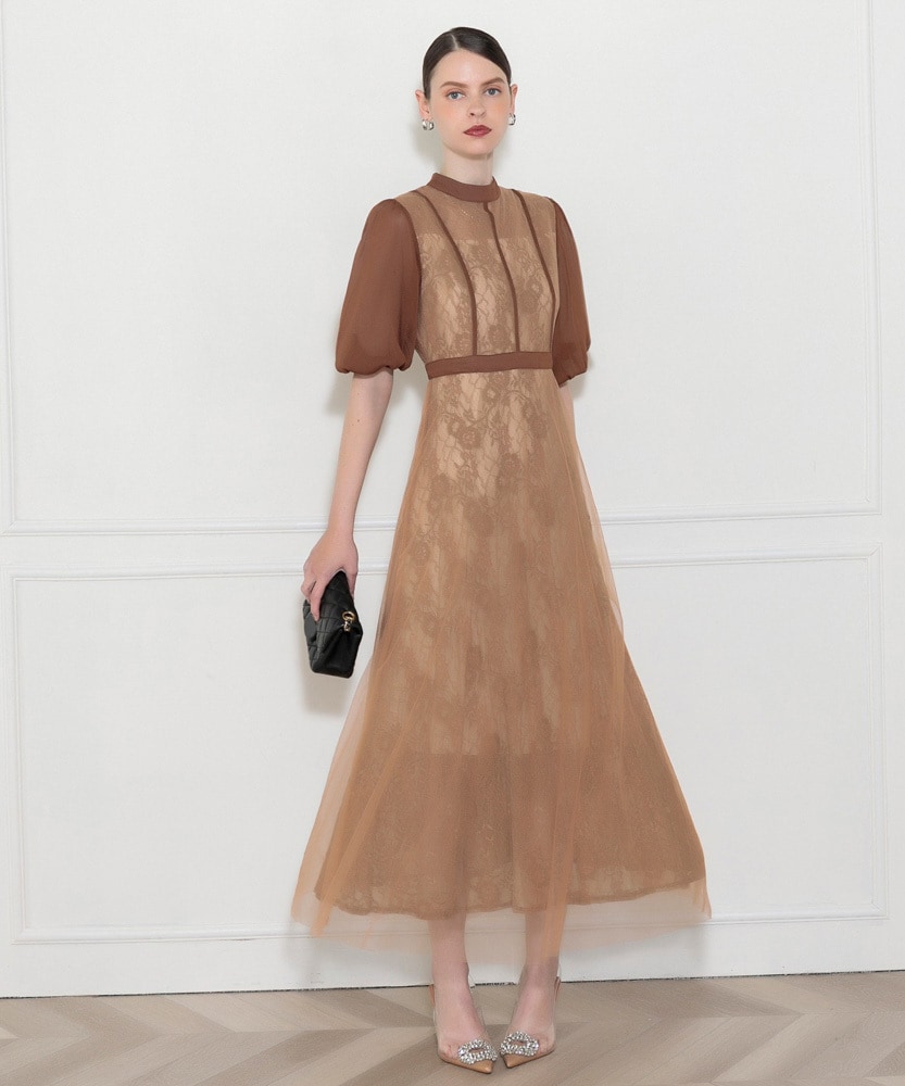 タグ付き LEja レーススリットAラインロングワンピースドレス BROWN