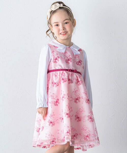 日本製】オーガンジー花柄リボン刺しゅうワンピース(110~130cm) （ミニ