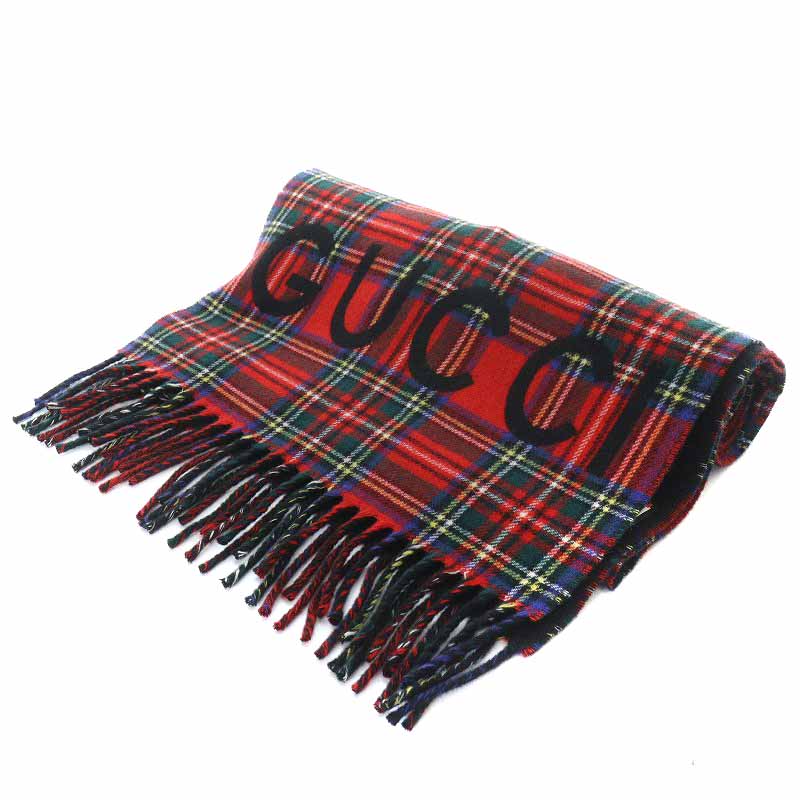 グッチ GUCCI 19AW マフラー ウール カシミヤ混 フリンジ タータン