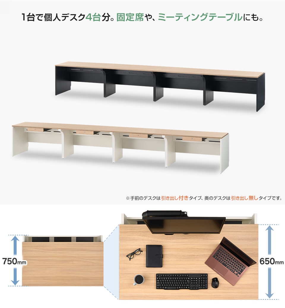 送料無料】 NFシリーズ フリーアドレスデスク 片面タイプ 引出し付き 4