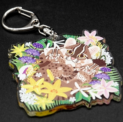 ツシマヤマネコ募金付】キーホルダー対馬の花とヤマネコ【Original