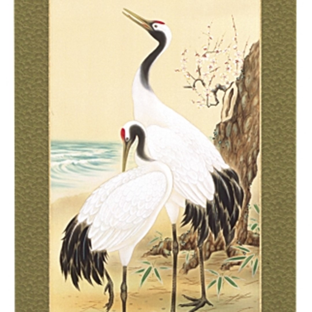 掛け軸 鶴亀の図 白川 縁起 日本画 絵画 掛軸 掛軸 光洋『松竹梅鶴亀
