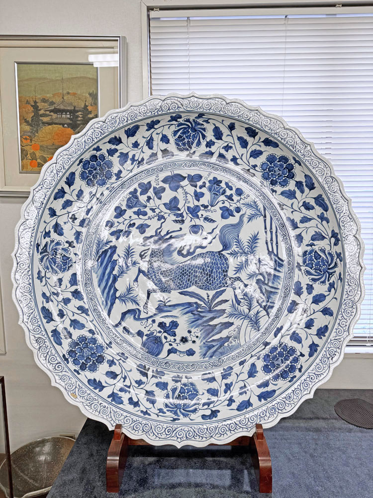 中国明時代黄釉染付(青花)大皿（元箱付き） 中国明時代黄釉染付(青花