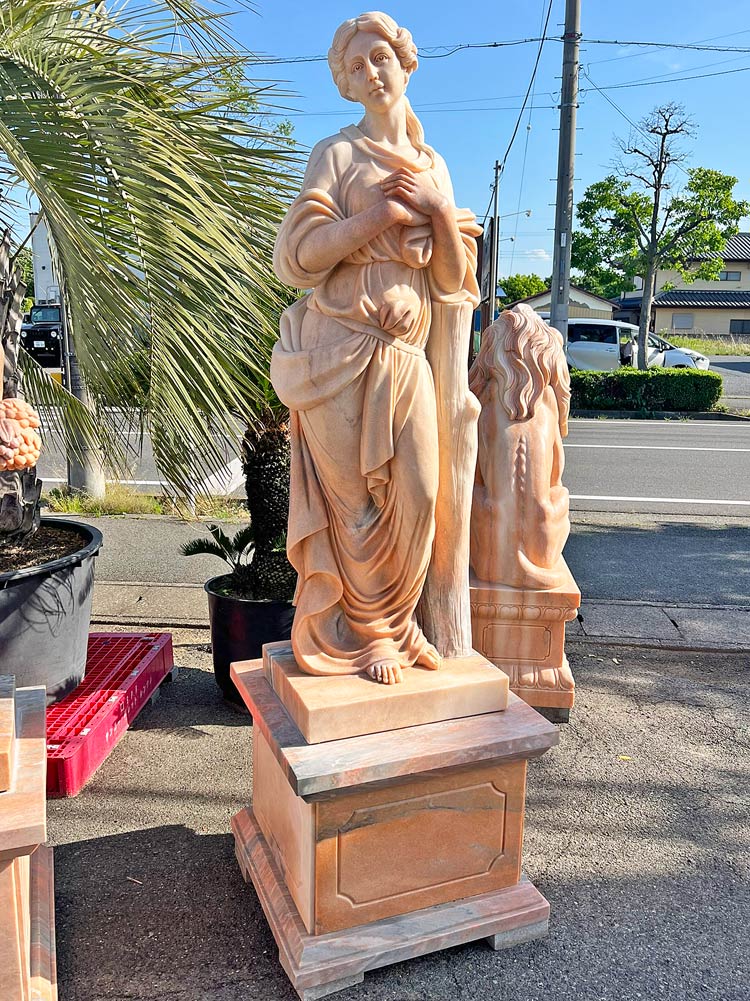 清】ブロンズ 天然大理石 少女二人立像 置物 飾り物【置物☆天然大理石